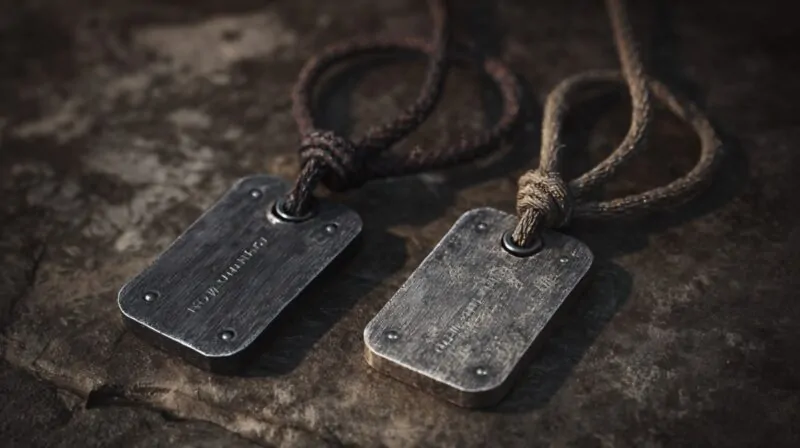 Close-up of two weathered military dog tags attached to braided cords