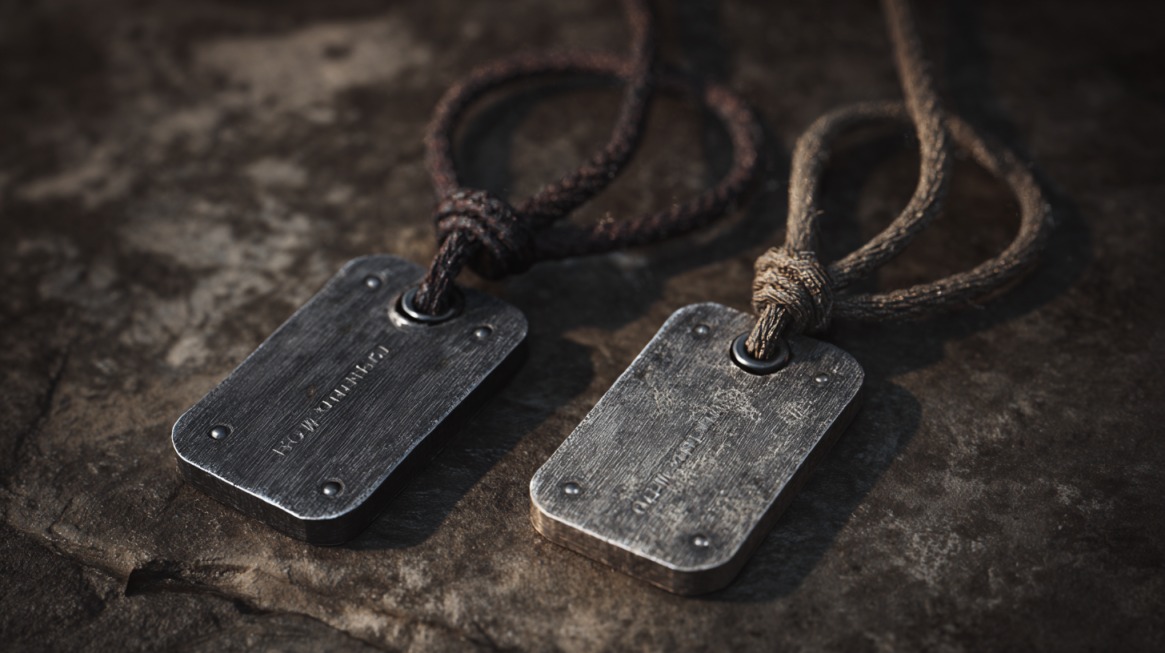 Close-up of two weathered military dog tags attached to braided cords