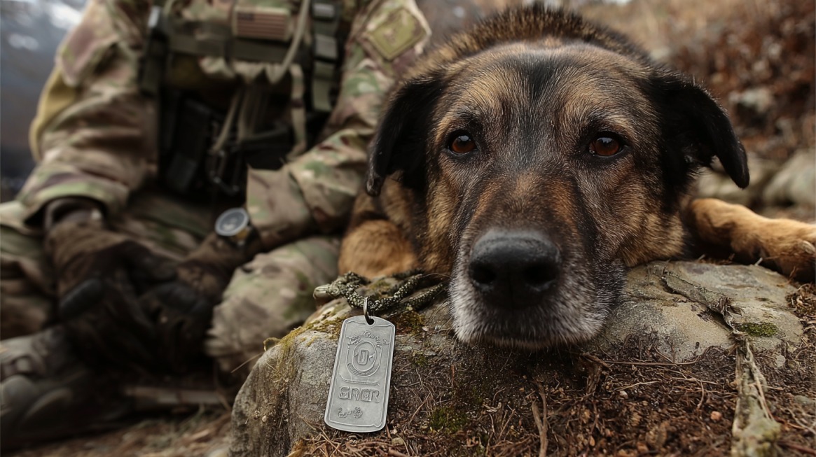 Military working dog lying on the ground next to a soldier with a dog tag resting on a rock