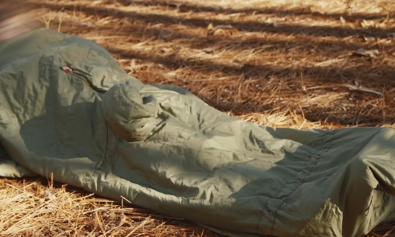 A green sleeping bag lies on a sunlit forest floor covered with dry pine needles